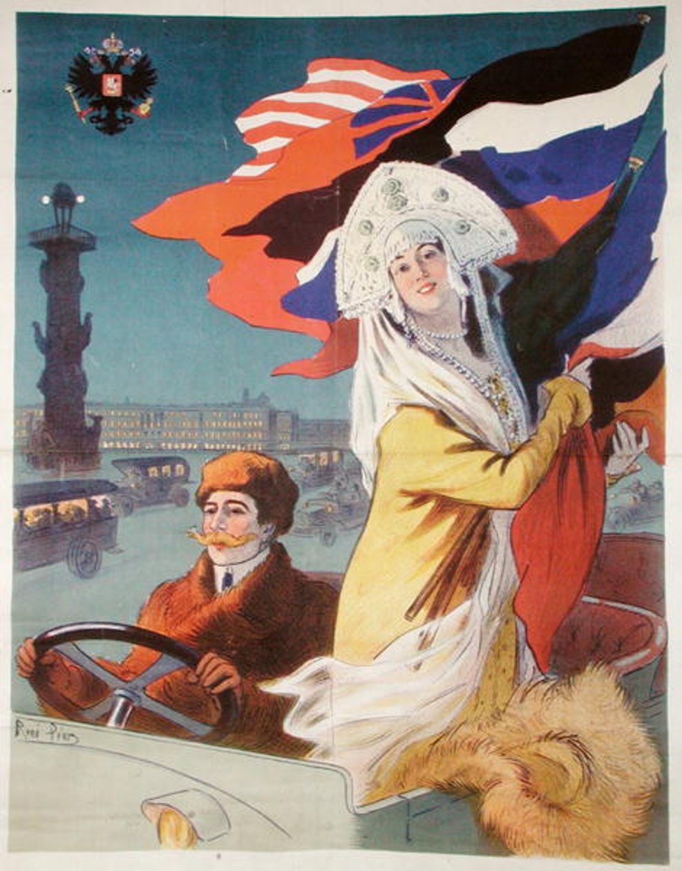 Pár v automobilu v Petrohradě, plakát propagující francouzský automobil určený pro ruský trh, cca 1912 (barevná litografie) od Rene Pean