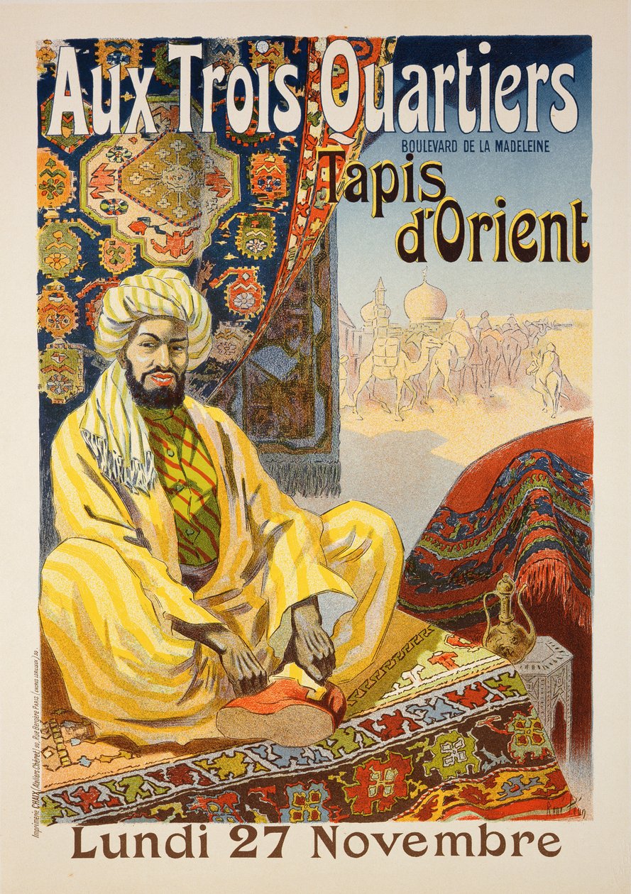 Reprodukce reklamního plakátu „Oriental Carpets“, vystaveného v „Aux Trois Quartiers“, 1899 od Rene Pean