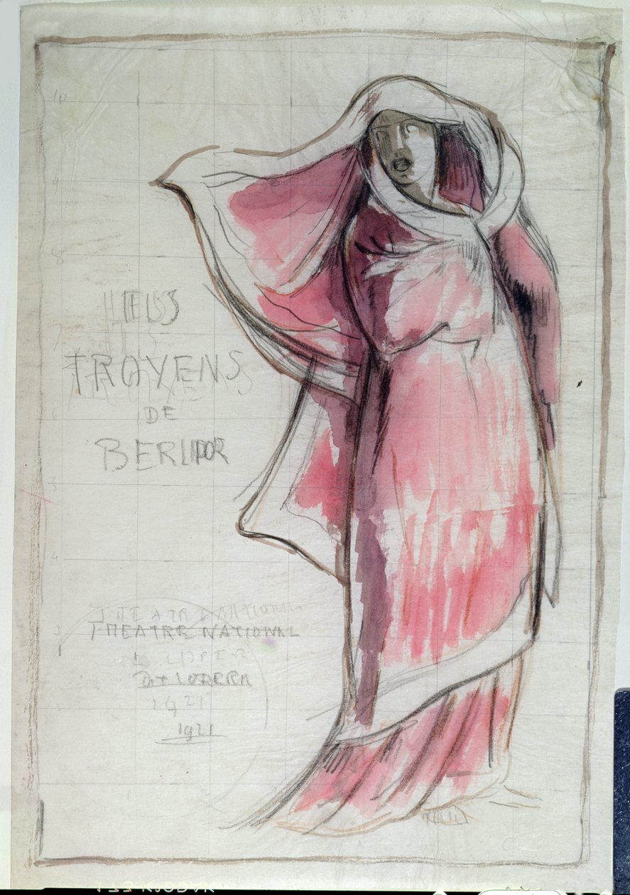 Návrh reklamního plakátu Les Troyens (Trójské koně), který složil Hector Berlioz (1803-69) pro představení v Opeře de Paris v roce 1921 (tužka a wc na papíře) od Rene Piot