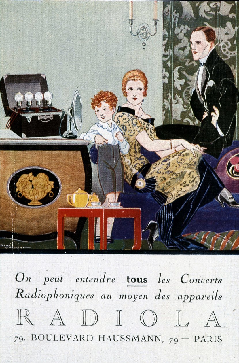 Rádio Rádio Rádio Reklamní pohlednice (TSF): „“ Všechny rozhlasové koncerty lze poslouchat pomocí zařízení Radiola“. sd. cca 1919. Ilustrace Rene Vincent, alias Rene Mael (1879-1936). od Rene Vincent