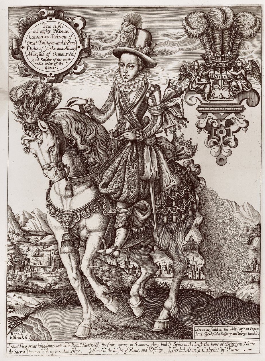 Karel I. jako princ z Walesu na koni, z „Knihy králů“, 1618 od Renold Elstrack