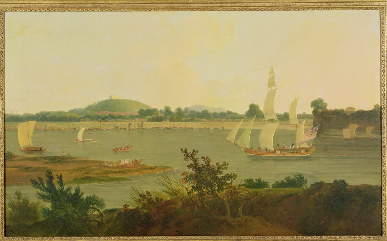 Pinnace plující po Ganze kolem pevnosti Monghyr, kolem roku 1791 od Rev. Edward Thomas Daniell