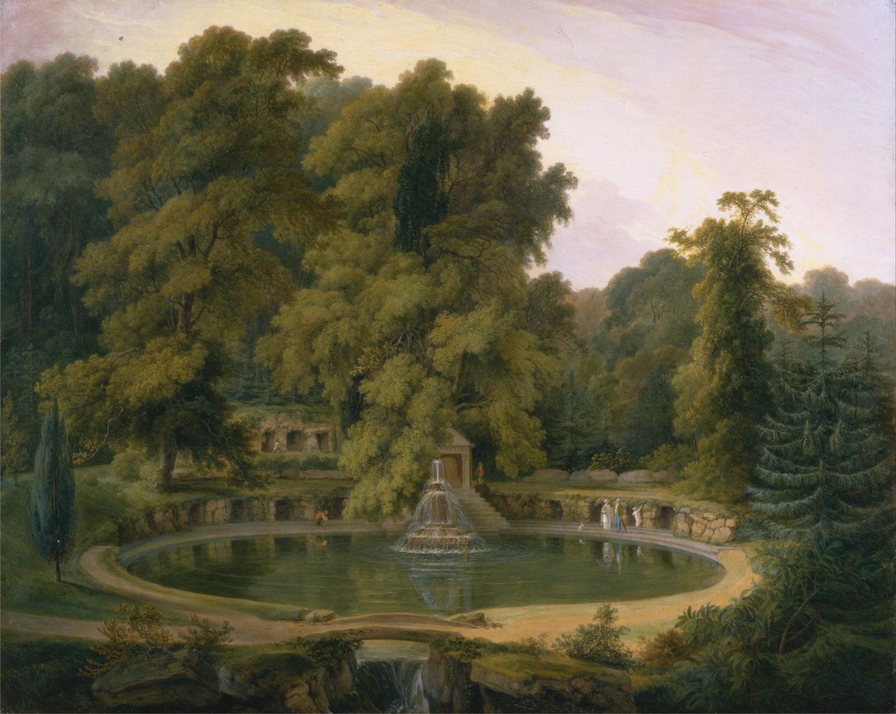 Chrám, fontána a jeskyně v parku Sezincote od Rev. Edward Thomas Daniell