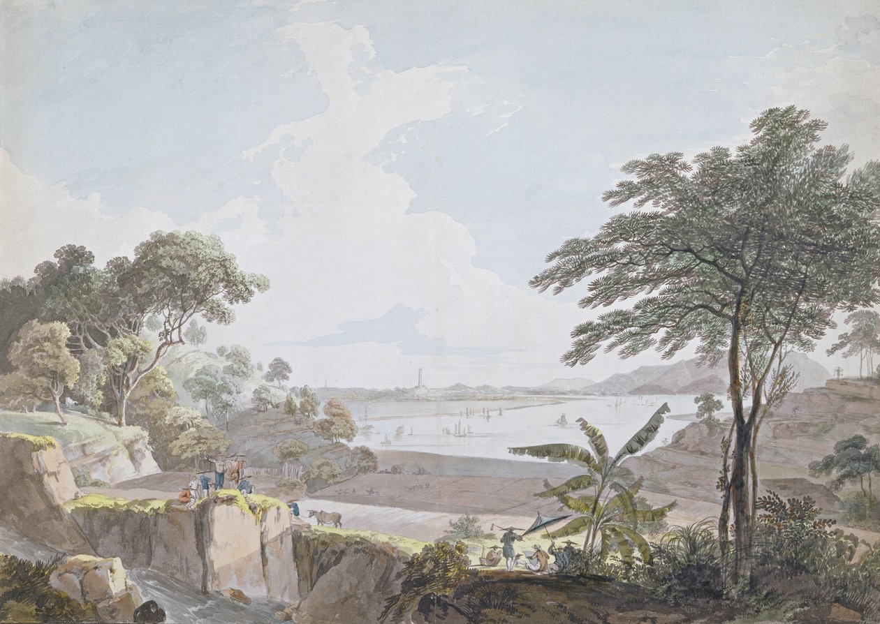 Pohled na řeku Canton, poblíž Whampoa, Čína, cca 1785-94 (wc a grafit na položeném papíře) od Rev. Edward Thomas Daniell