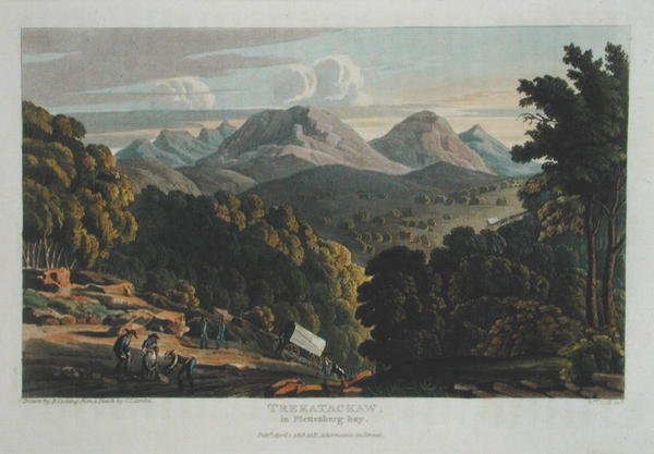 Trekatackaw v Plettenberg Bay, nakreslený podle původního náčrtu R. Cockinga, vydaného 1818 (barevná rytina) od Rev. Christian Ignatius (after) Latrobe