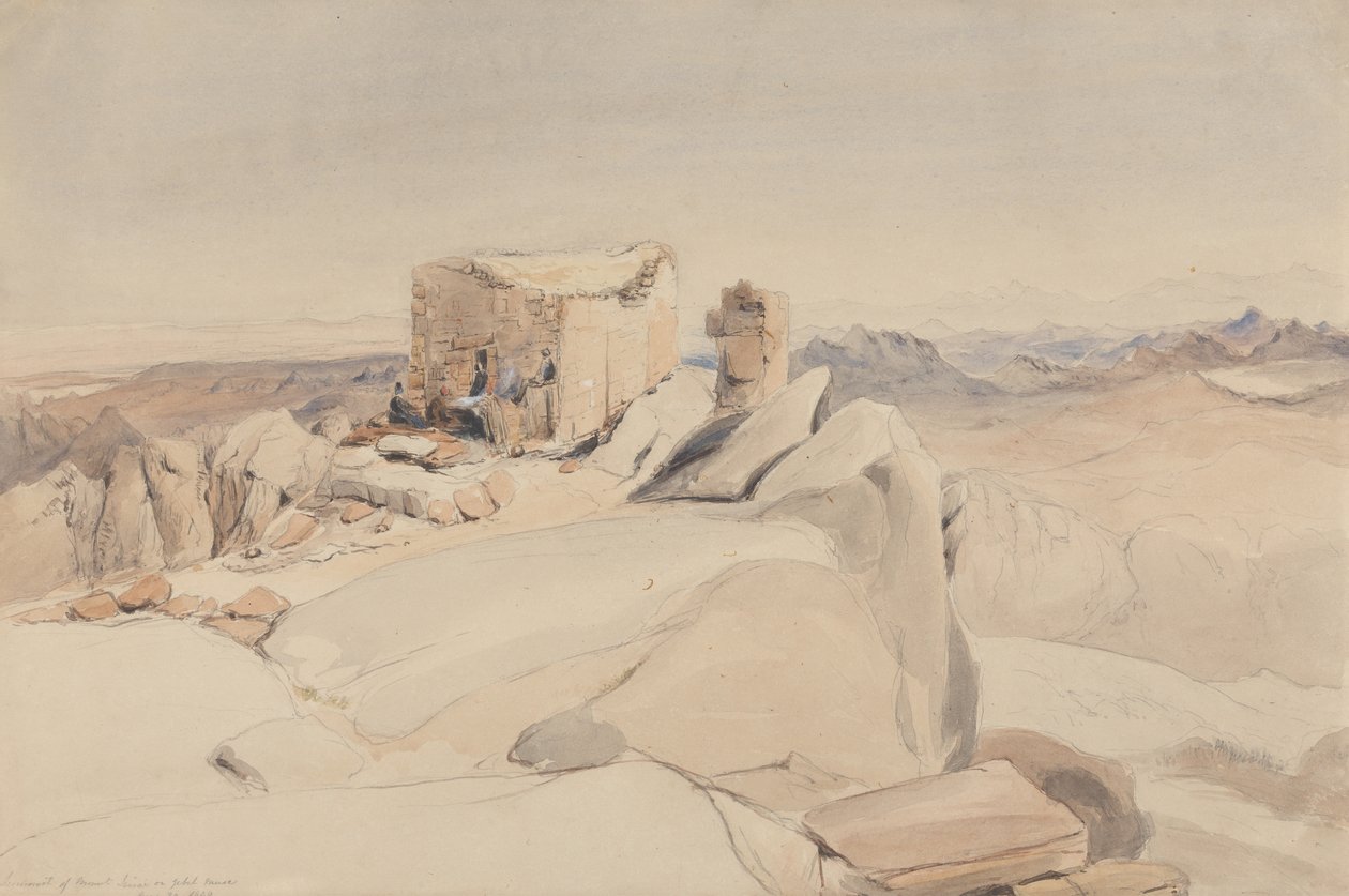 Summit of Mount Sinai nebo Jebel Musa, 1840 (wc, grafit a barva těla na béžovém tkaném papíře) od Rev. Edward Thomas Daniell