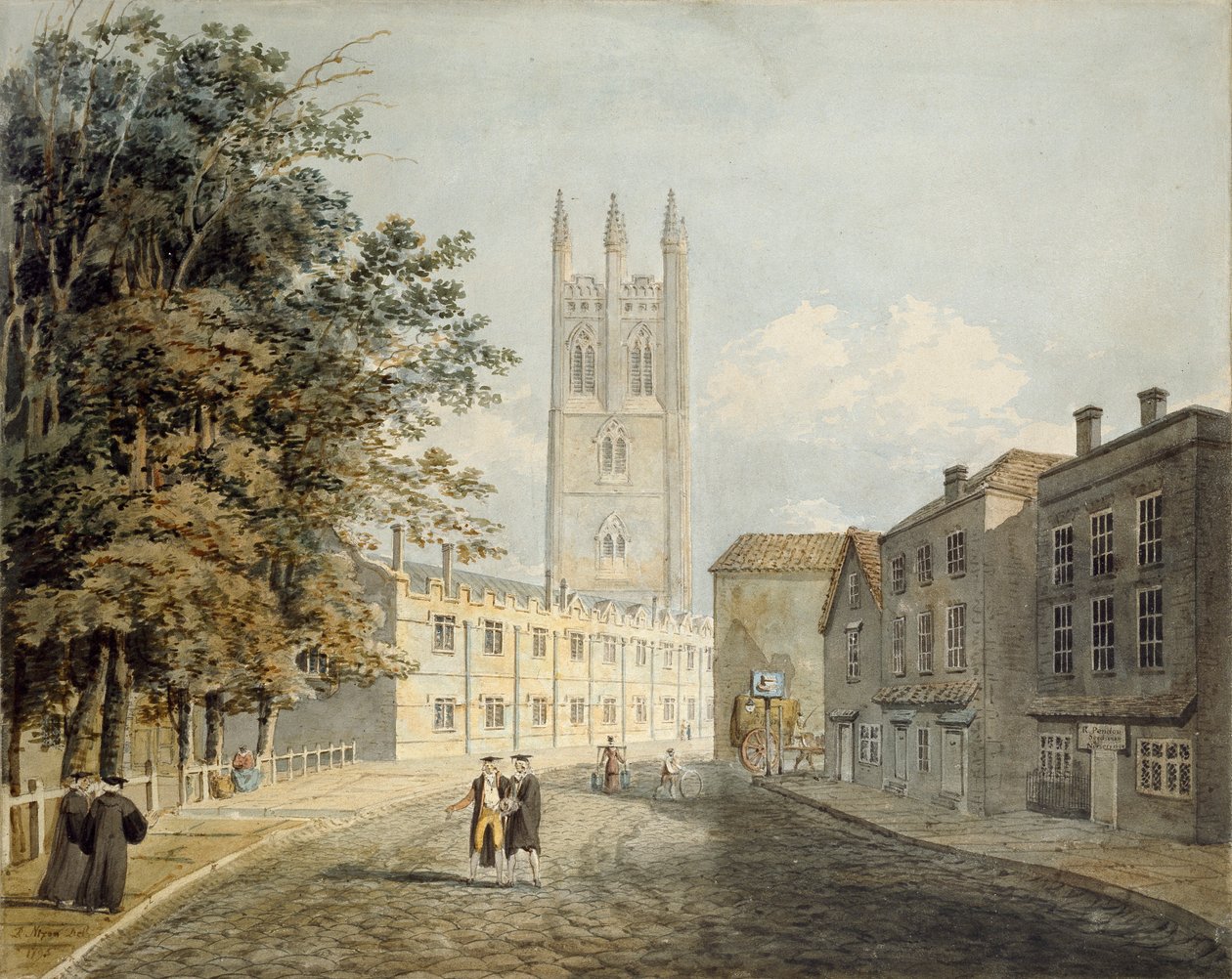 Magdalen College a východní konec High Street, Oxford, 1795 od Rev Robert Nixon