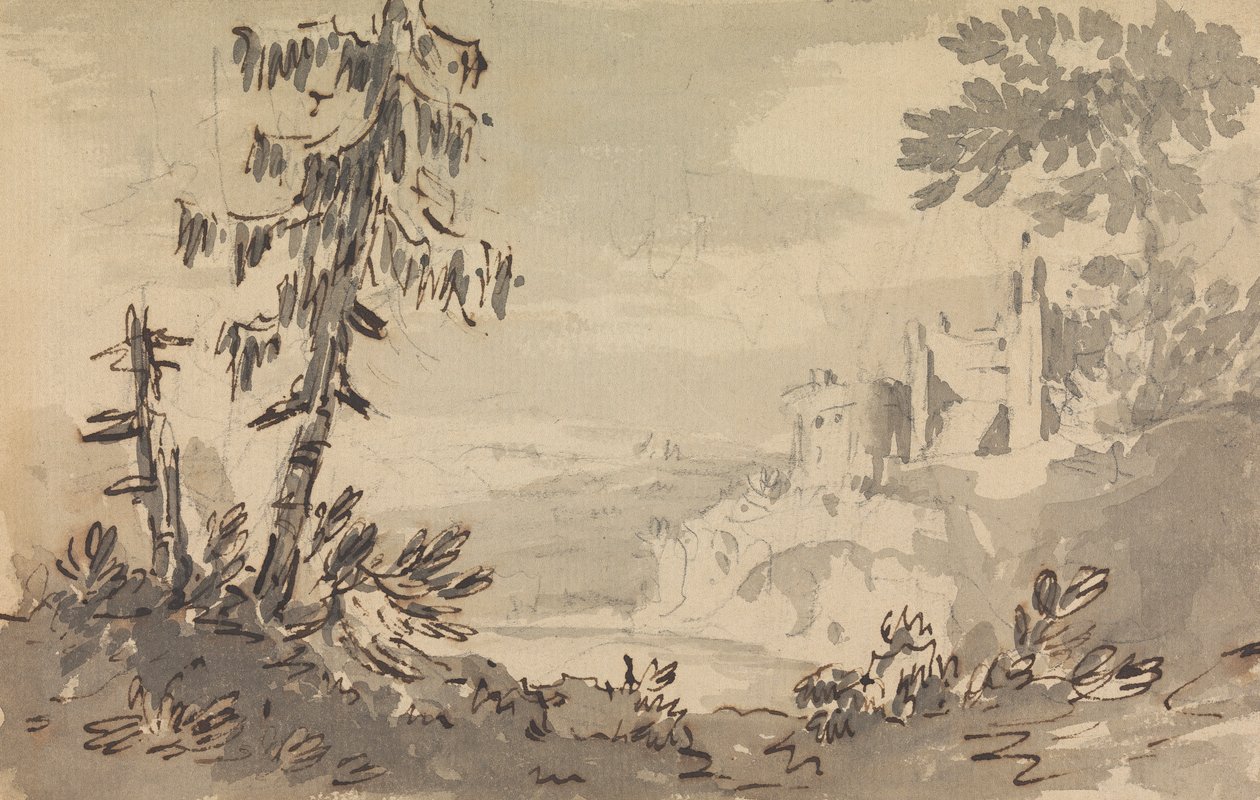 Borovice a hrad v krajině od Rev. William Gilpin
