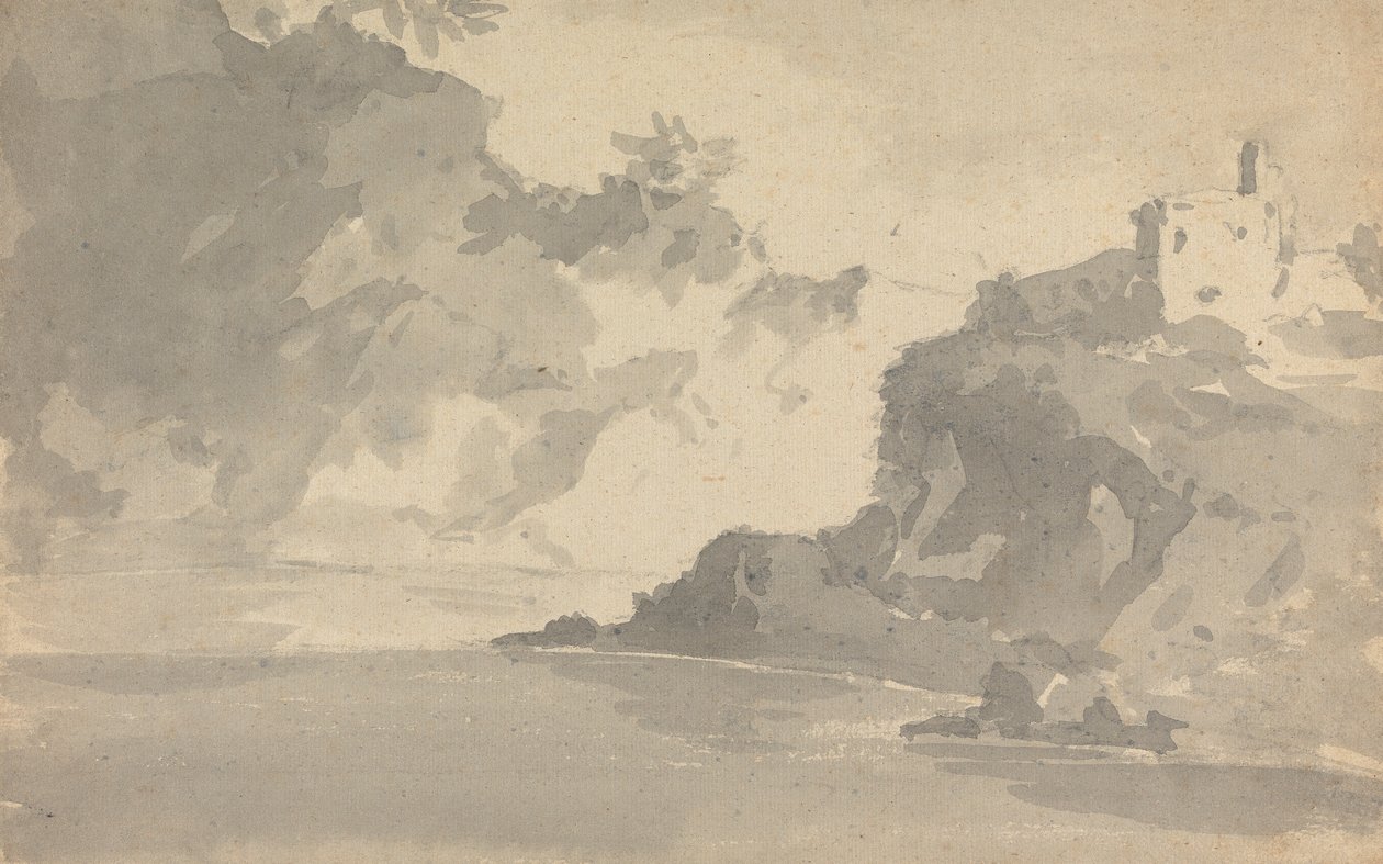 Skica s hradem na vrcholu hory od Rev. William Gilpin