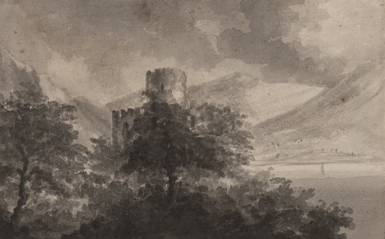Wooded Lakeland Castle: capriccio, 1804 (štětec a jednobarevné mytí na papíře) od Rev. William Gilpin