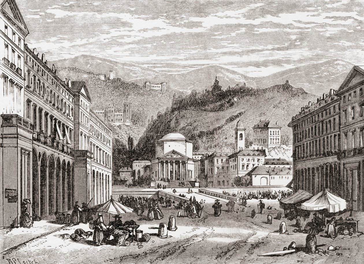 Ulice v italském Turíně na konci 19. století. Z knihy Italian Pictures od Rev. Samuela Manninga, vydané kolem roku 1890. od Reverend Samuel Manning