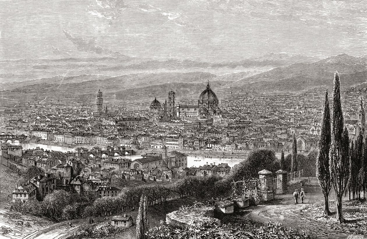 Pohled na Florencii v Toskánsku (Itálie) z terasy kostela San Miniato na konci 19. století. Z knihy Italian Pictures by Rev. Samuel Manning, vydané kolem roku 1890. od Reverend Samuel Manning