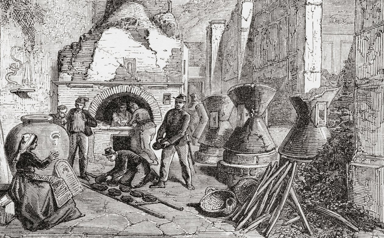 Pekařská pec, mlýny na chléb a mouku objevené při vykopávkách v Pompejích v italské Neapoli na konci 19. století. Z knihy Italian Pictures od Rev. Samuela Manninga, vydané kolem roku 1890. od Reverend Samuel Manning