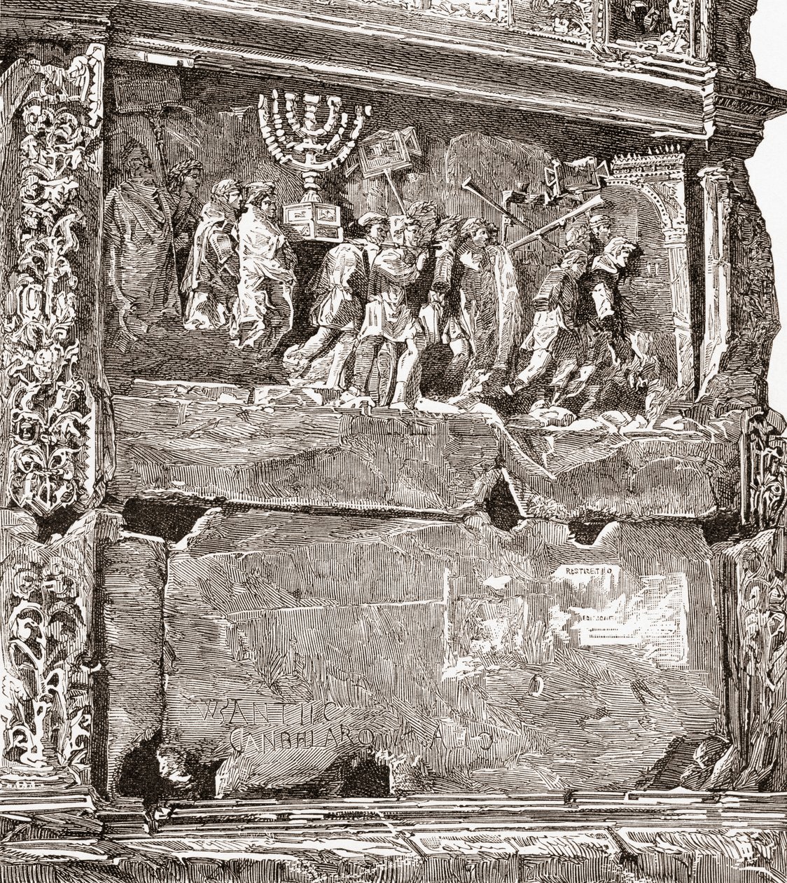 Basreliéf jižního panelu "Válečná kořist", zobrazující triumfální průvod, na Titově oblouku, Via Sacra, Forum Romanum, Řím, Itálie. Z knihy Italian Pictures by Rev. Samuel Manning, vydané kolem roku 1890. od Reverend Samuel Manning