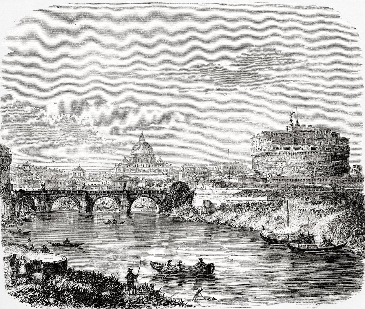Petra s mostem a Andělským hradem, Řím, Itálie, konec 19. století. Z knihy Italian Pictures by Rev. Samuel Manning, vydané kolem roku 1890. od Reverend Samuel Manning