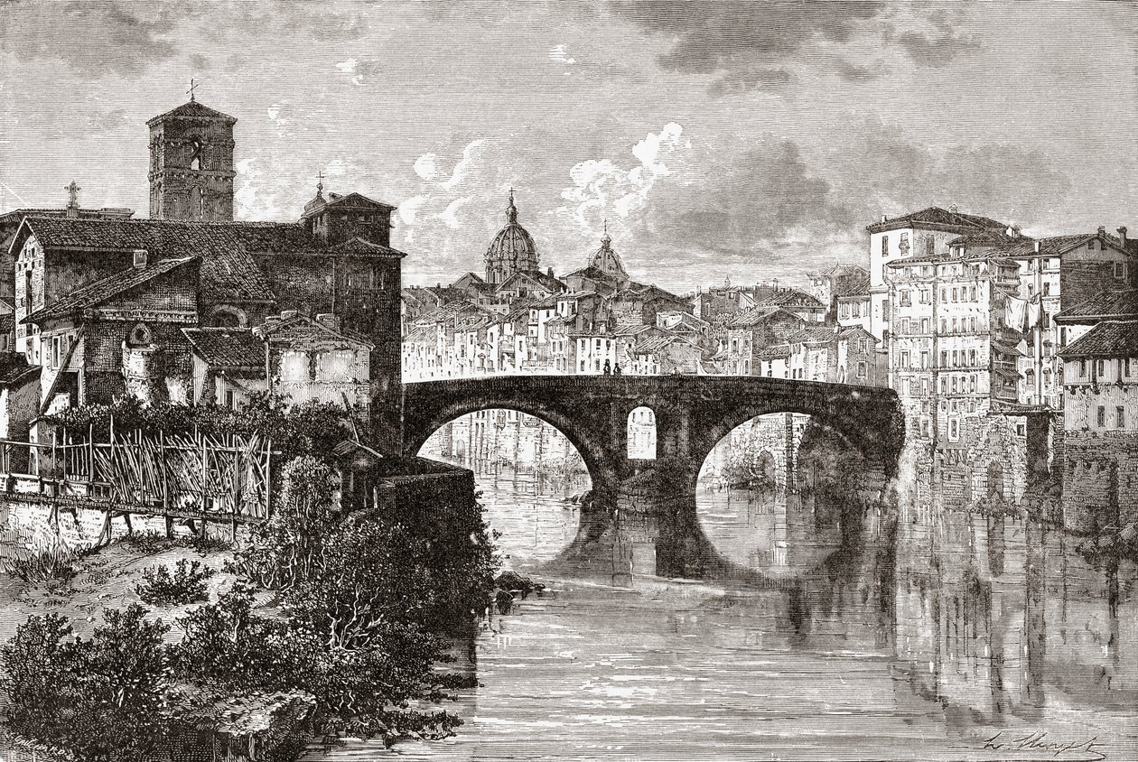 Pons Fabricius neboli Ponte dei Quattro Capi a ostrov Tiber, Řím, Itálie, konec 19. století. Z knihy Italian Pictures by Rev. Samuel Manning, vydané kolem roku 1890. od Reverend Samuel Manning