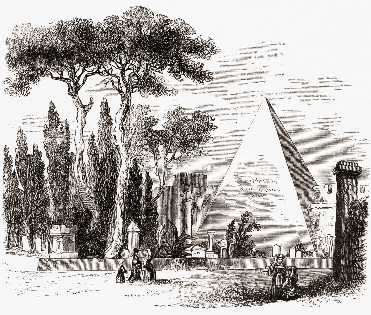 Protestantský hřbitov a Cestova pyramida, Řím, Itálie, konec 19. století. Z knihy Italian Pictures by Rev. Samuel Manning, vydané kolem roku 1890. od Reverend Samuel Manning