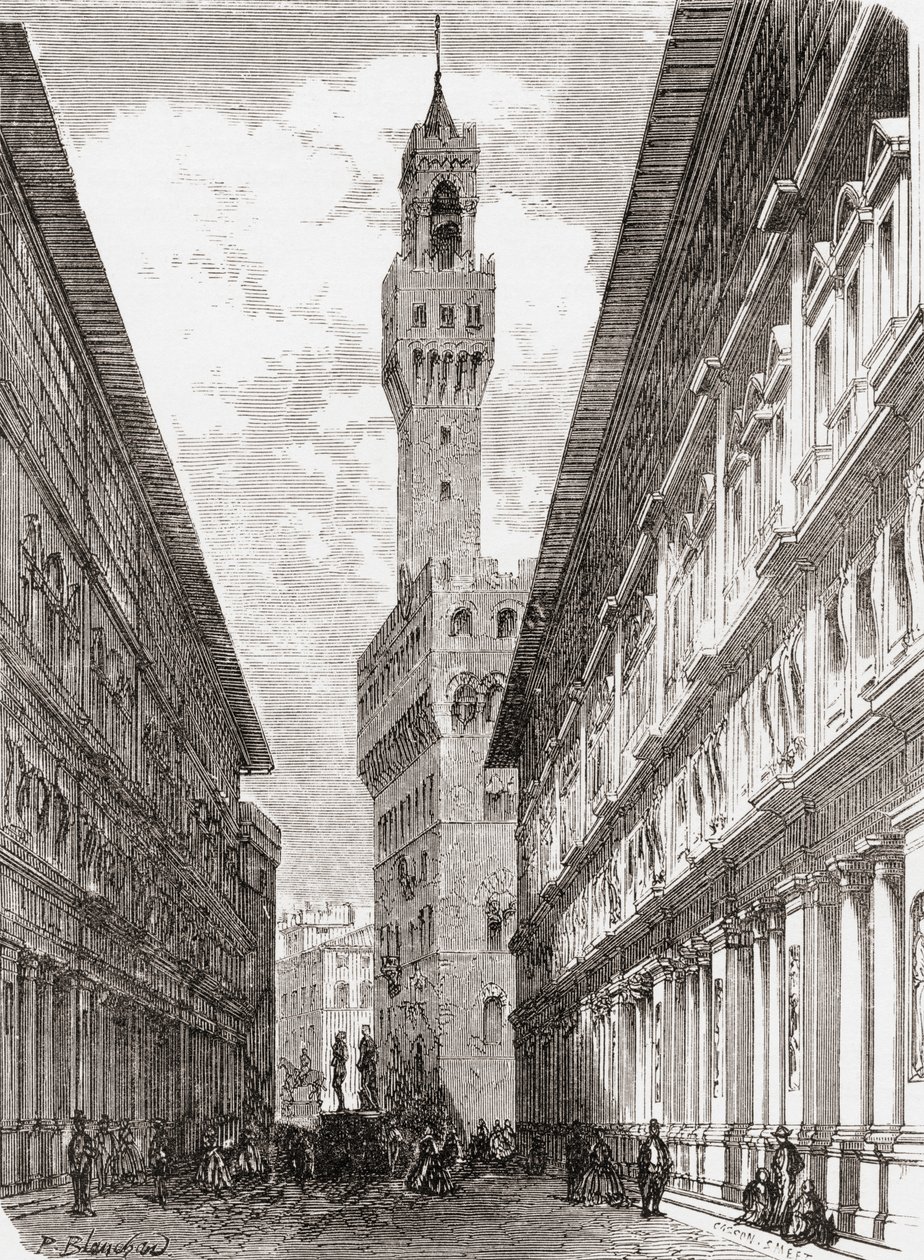 Uffizi, Palazzo Vecchio a sochy na náměstí Piazza della Signoria, Florencie, Itálie, konec 19. století. Z knihy Italian Pictures by Rev. Samuel Manning, vydané kolem roku 1890. od Reverend Samuel Manning