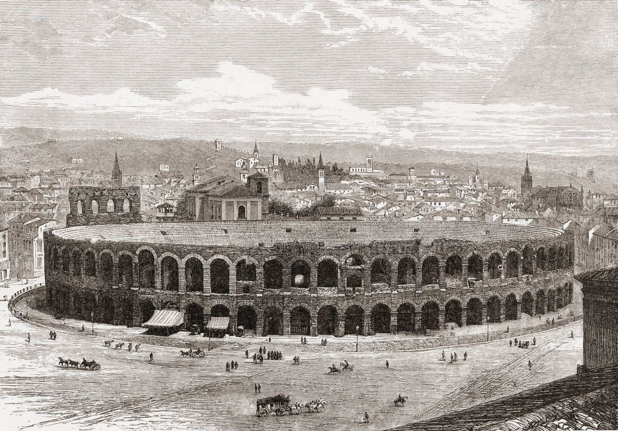 Veronská aréna, Piazza Bra, Verona, Itálie, konec 19. století. Z knihy Italian Pictures by Rev. Samuel Manning, vydané kolem roku 1890. od Reverend Samuel Manning