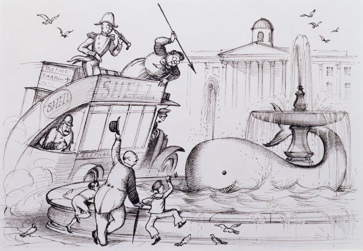 Velryba na Trafalgar Square, kolem roku 1930 (pero a inkoust) od Rex Whistler