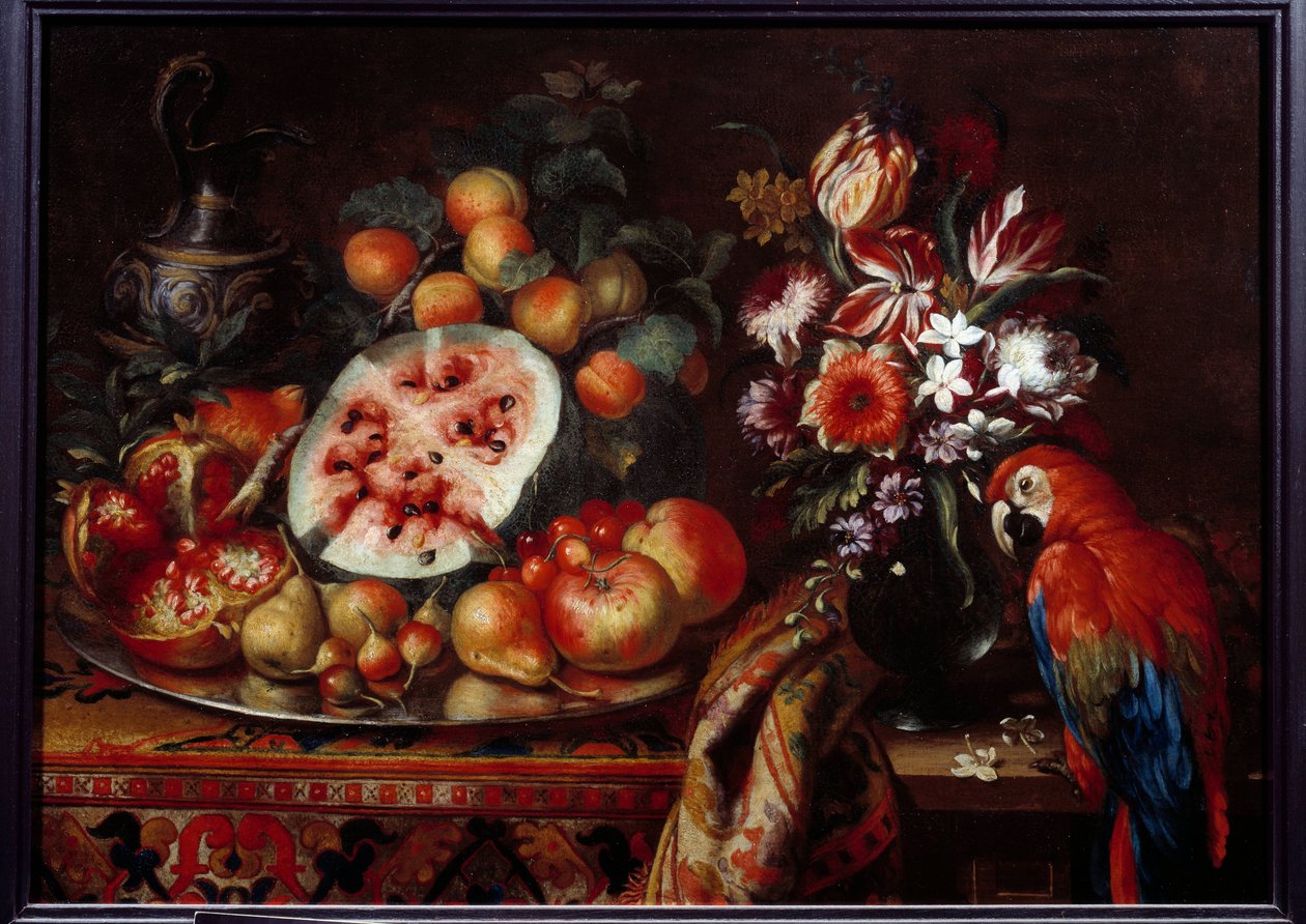 Zátiší s červeným papouškem a ovocem Mučenka, hruška, broskev a meruňky. Obraz Reynaud Levieux Reynaud (asi 1625-1690) Marseille 17. století, Musee des Beaux Arts od Reynaud Levieux