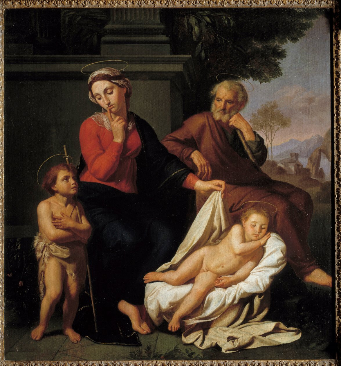 Svatá rodina. Panna Maria si dává prst před ústa, aby požádala svatého Jana Křtitele, aby nebudil Ježíše ve spánku. Svatý Josef tu scénu sleduje. Obraz Reynauda Levieuxe (asi 1625-1690) od Reynaud Levieux