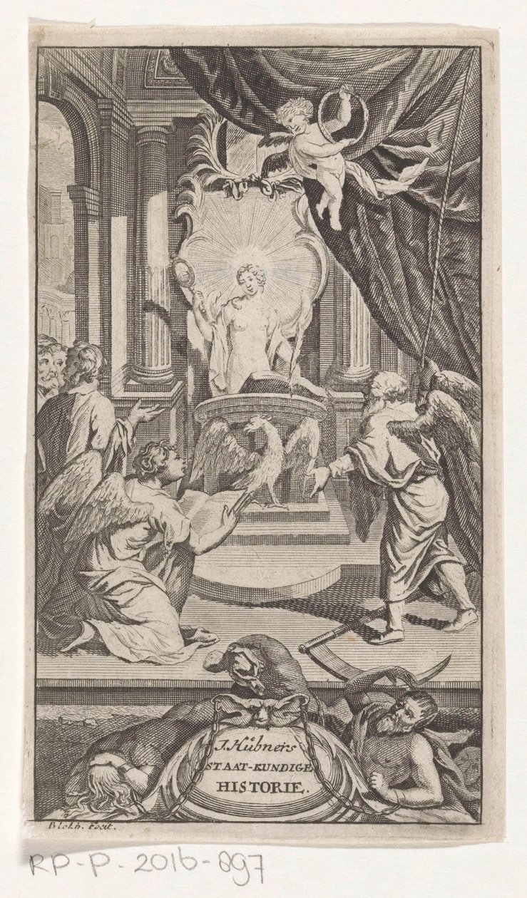 Otec čas odhaluje historii Politická historie J. Huebnera (název na objektu) Titulní strana pro: Johann Hübner, Stručné otázky z politických dějin, 1719 od Reynier Blokhuysen