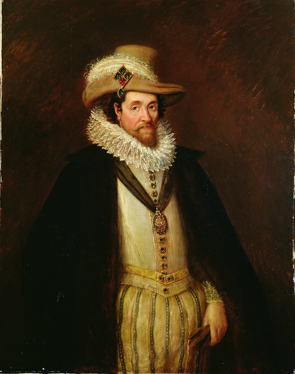 Jakub I. Anglický a VI. Skotský (1566–1625), po Johnu de Critz II (kolem 1600–1657) (olej na plátně) od Rhoda Sullivan