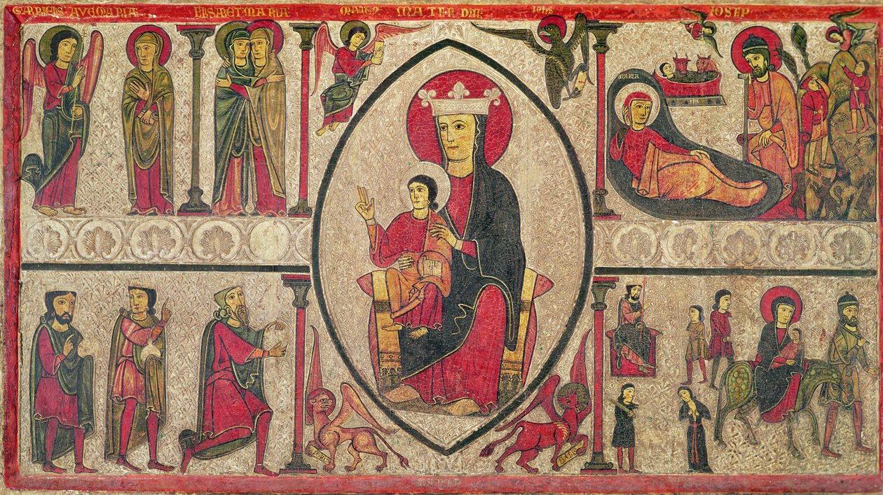 Přední oltář z kostela Santa Maria de Cardet, Vall de Boi, Španělsko, zobrazující Madonu a čtyři výjevy z jejího života, 1150-1200 (tempera na panelu) (viz také 498165) od Ribagorça Workshop Johannes Pintor