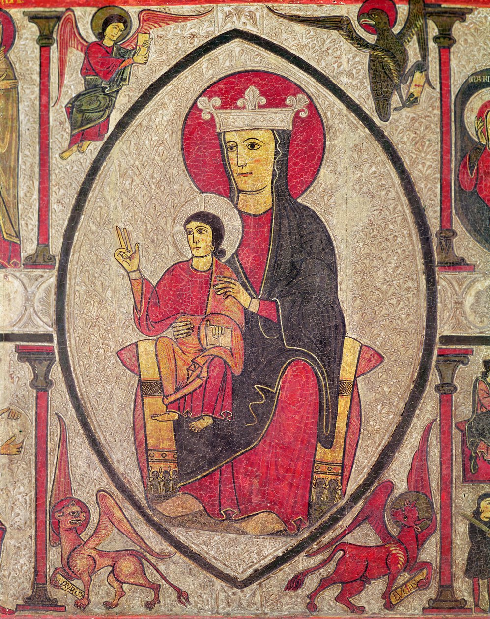 Madona s dítětem, centrální panel oltářního frontálu z kostela Santa Maria de Cardet, Vall de Boi, Španělsko, 1150-1200 (tempera na panelu) (detail 498164) od Ribagorça Workshop Johannes Pintor