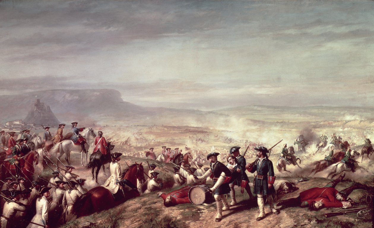 Bitva u Almansy mezi vojsky Filipa V. (1683-1746) a vojsky arcivévody Karla Rakouského v roce 1707 (olej na plátně) od Ricardo Balaca y Canseco