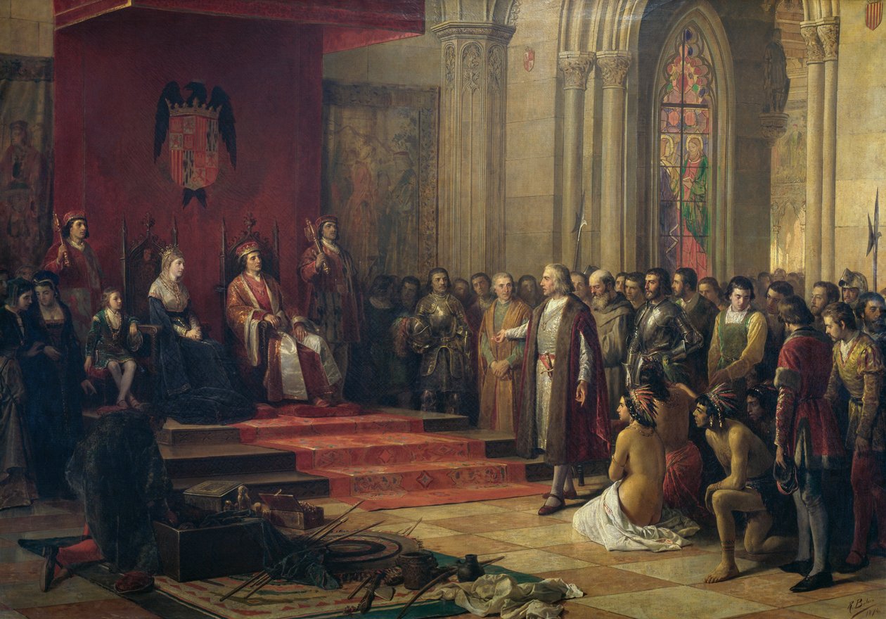 Kryštof Kolumbus přijat katolickými králi v Barceloně při návratu ze své první cesty do Ameriky, obraz z roku 1874 od Ricarda Balaca (1844-1880), olej na plátně od Ricardo Balaca y Canseco