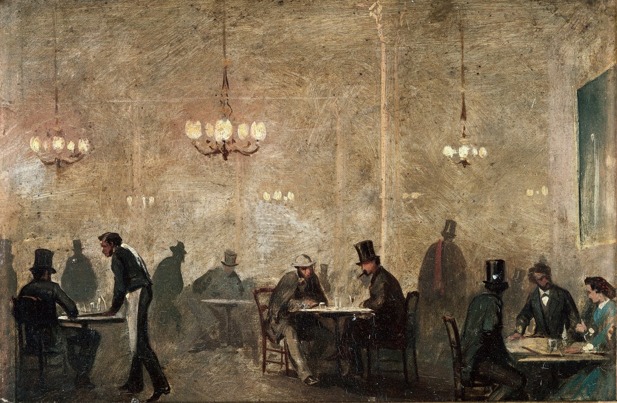 Kavárna, c. 1860-65 (olej na pocínovaném plechu) od Ricardo Balaca y Canseco