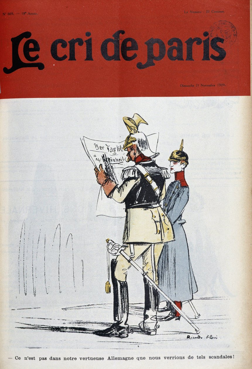 Německý císař (?) čte noviny odsuzující skandály (ale které?), Florès-couv. "Le Cree de Paris"" z 21.11.1909. od Ricardo Flores