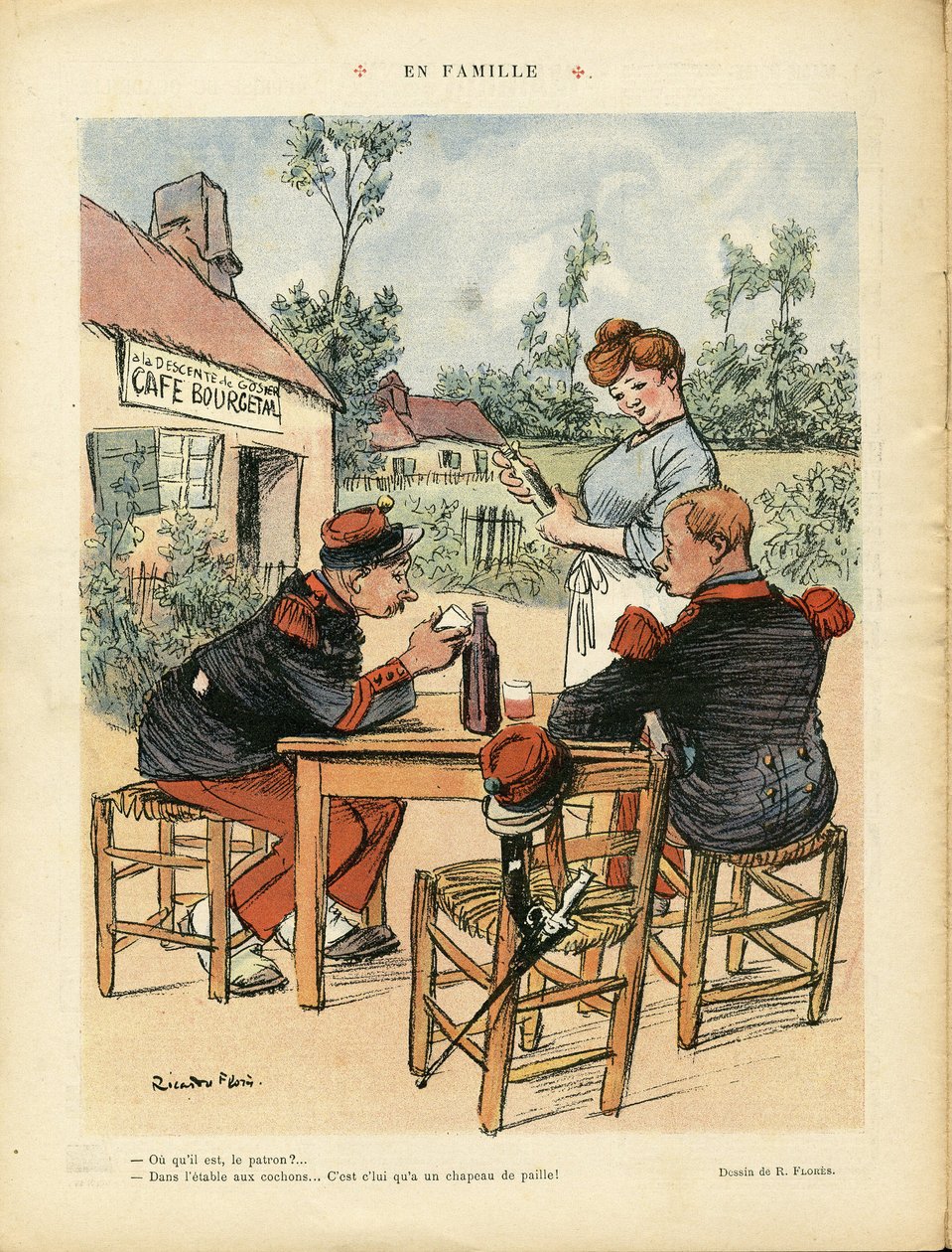 Ilustrace Ricarda Florese (1878-1918) v Le Lire, 8.8.2008 - Rodina - Armee, Restaurace Kavárny, Víno, Alkohol Alkoholik - Kávový chlapec, Servírky Servírky, Vojáci od Ricardo Flores