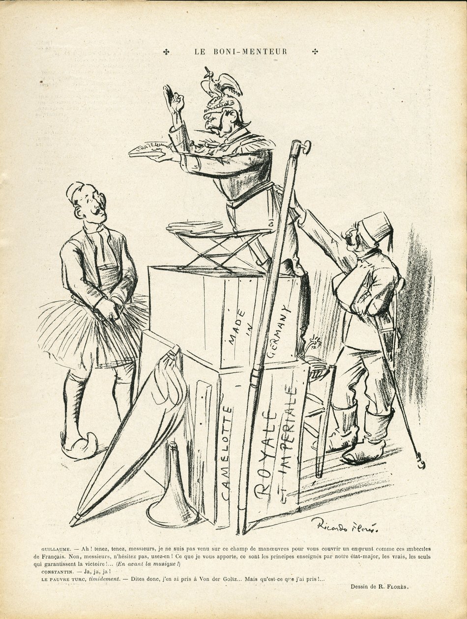 Ilustrace Ricarda Florese (1878-1918) v Le Lire, 20/09/13 - Lhář - Německo Prusko, Turecko, válka 14-18 Prvních myší - Vilém II. od Ricardo Flores