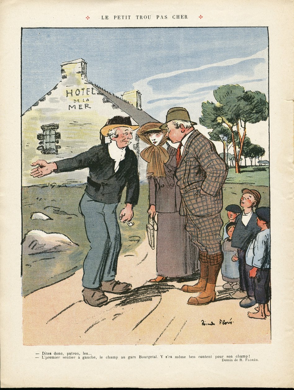 Ilustrace Ricarda Florese (1878-1918) v Le Rire, 20/07/12 - Levná malá díra - Venkov, Móda, Přímořské mořské pobřeží, Pánská móda, Turistika Turisté, Hotel od Ricardo Flores