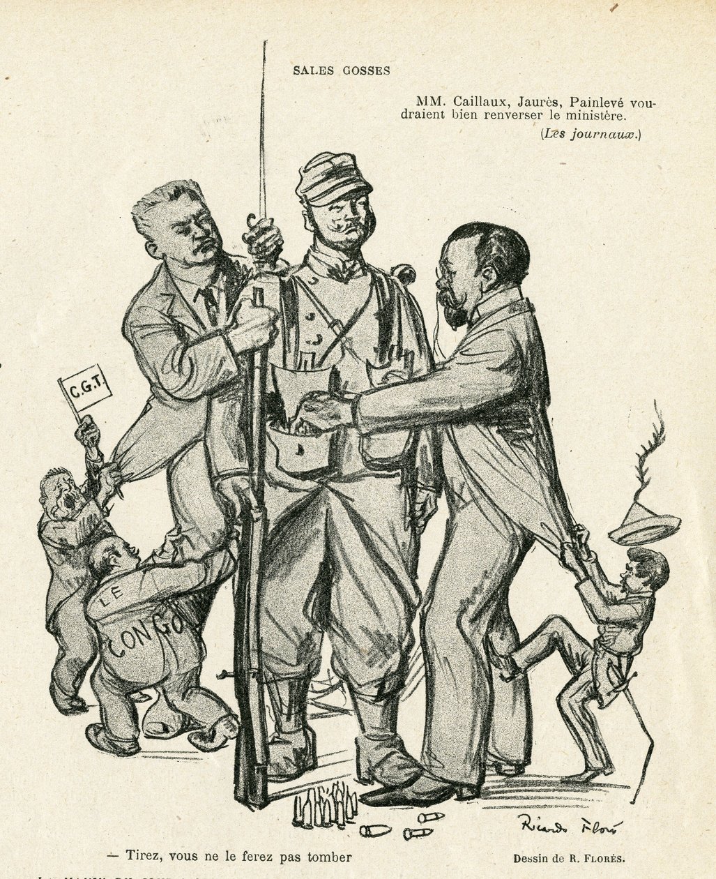 Ilustrace Ricarda Florese (1878-1918) v Le Rire, 21/06/13 - Prodej dětí - Armee, vojenská služba, socialismus - Jaures Jean, Caillaux Joseph (1863-1944), Painleve Paul (1863-1933) od Ricardo Flores