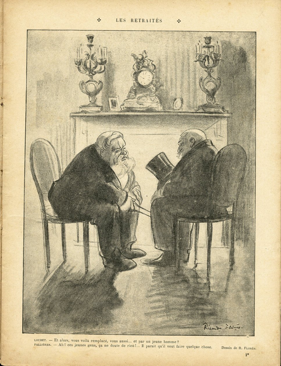 Ilustrace Ricarda Florese (1878-1918) v Le Rire, 22.2.13 - Důchody - prezident republiky - Fallieres Armand (1841-1931), Loubet Emile od Ricardo Flores