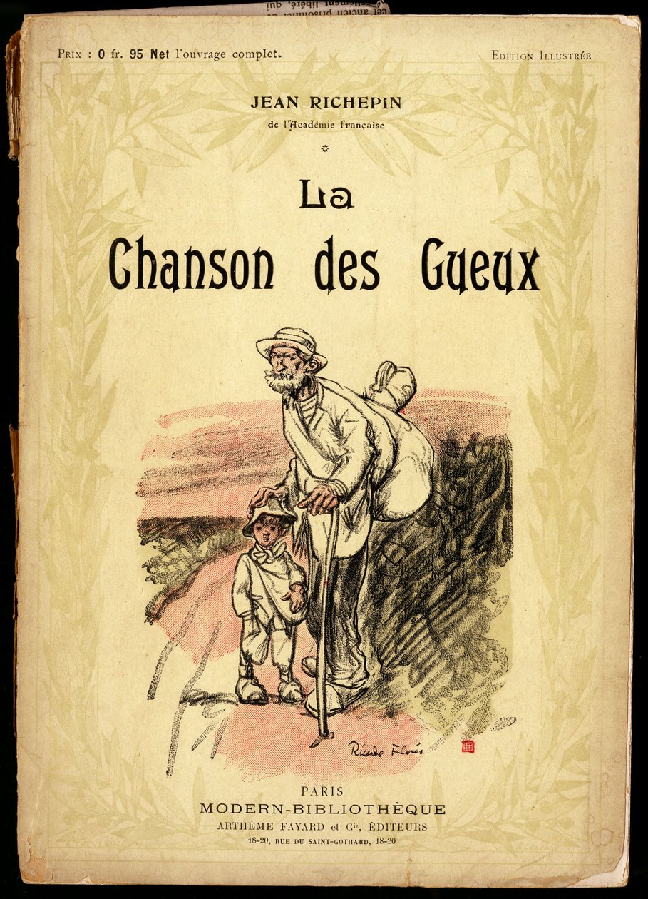 Starý muž a malý chlapec v cestovních uzlech a botách zavinutých v hadrech na silnici, ilustrace od Ricarda Florese (zemřel 1918), na obálku sbírky textů a básní s názvem „La chanson des gueux“ od Jean Richepin (1849-1926), Francouzi od Ricardo Flores