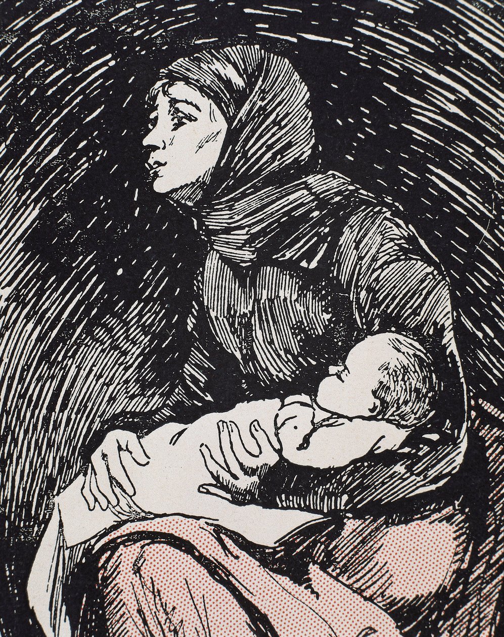 Štědrý večer. 1900. Hubená žena s dítětem v náručí (rytina) od Ricardo Maria Navarrete