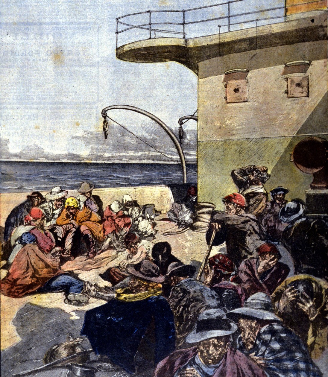 italská emigrace do Kanady; výlet na palubě jezera Megantic se uskutečnil za poměrně obtížných podmínek. Ill. od R. Pellegriniho. La Domenica del corriere. 02/06/1901. od Riccardo Pellegrini