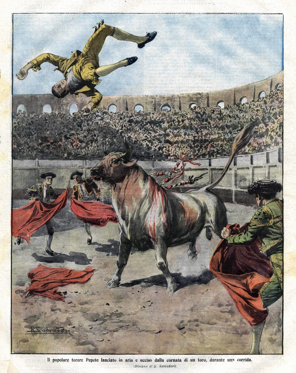 úmrtí Torera JOSE CLARO PEPETE v Murcii 7. září 1910. Ilustrace Salvadoriho pro Domenica del Corriere z 18. září. od Riccardo Salvadori