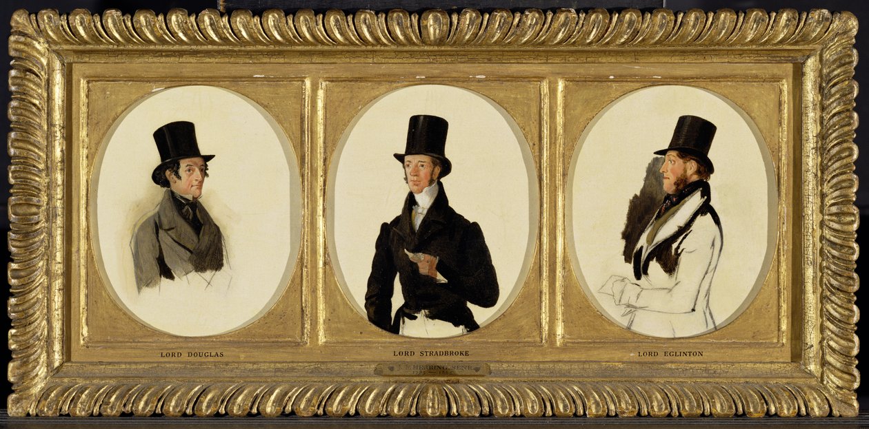 Studie k portrétům lorda Eglintona, lorda Douglase a lorda Stradbrokea v "The Waterloo Cup Coursing Meeting", 1840 (olej na žíhané desce) od Richard Ansdell