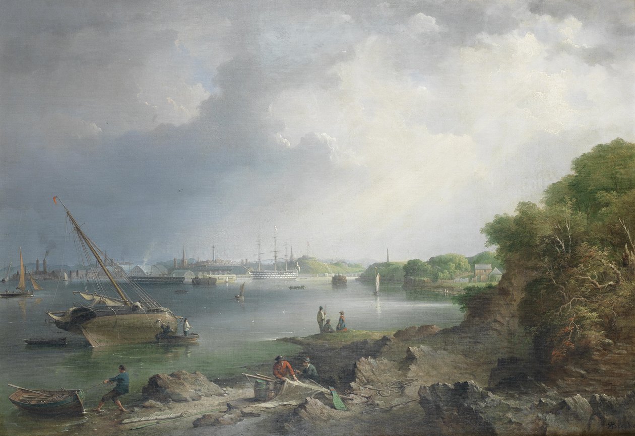 Pohled přes Hamoaze směrem na kryté skluzavky a budovy námořní loděnice v Devonportu od Richard Brydges Beechey