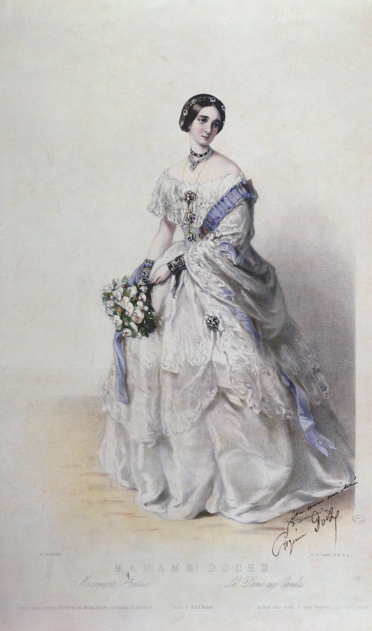 Portrét paní Eugenie Docheové v roli Marguerite Gautier, "La Dame aux Camelias" (Dáma s kaméliemi) od Richard Buckner