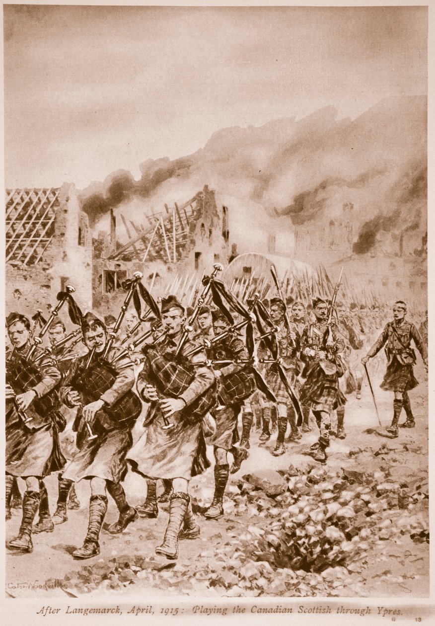 Po Langemarckovi, duben 1915: Hraní kanadských skotských přes Ypres od Richard Caton Woodville junior