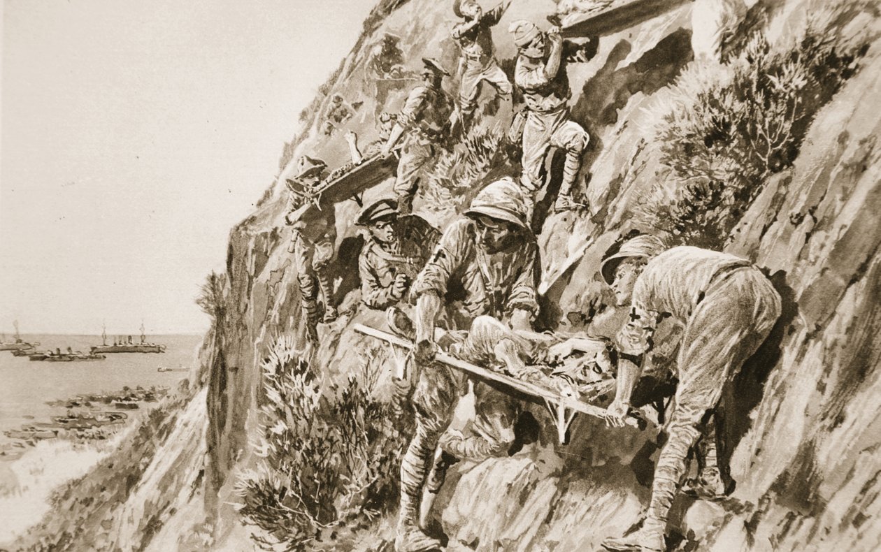 Společnost R.A.M.C. těžko srovnatelný výkon: svedení raněných dolů z útesu během bitvy v zálivu Suvla u Dardanel z „The Illustrated War News“ od Richard Caton Woodville junior