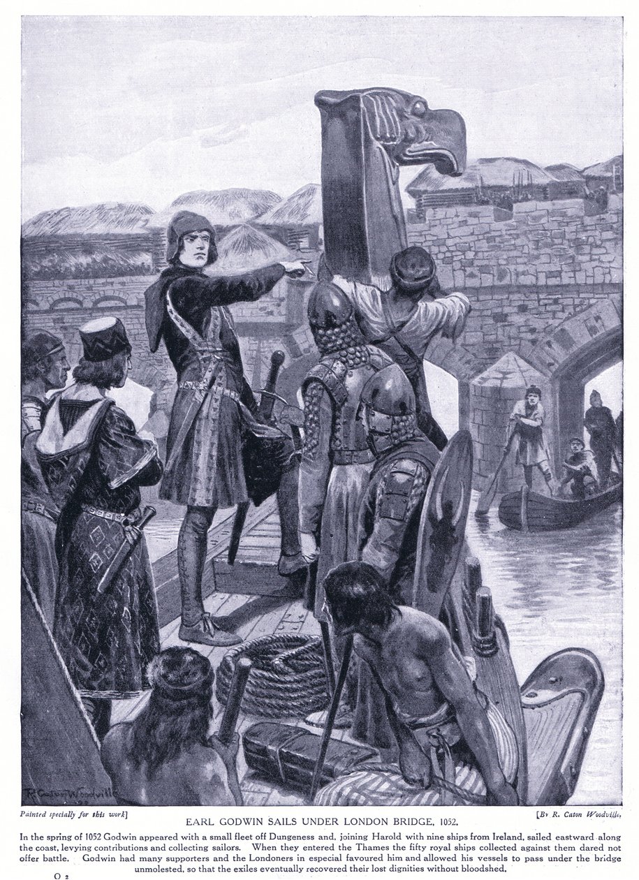 Earl Godwin se plaví pod London Bridge AD1025, 20. léta 20. století od Richard Caton Woodville junior