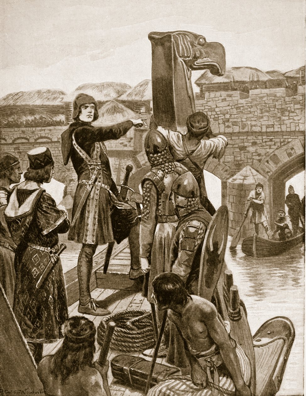 Earl Godwin pluje pod London Bridge v roce 1052, aby se připojil ke svému synovi Haroldovi s 9 loděmi z Irska, ilustrace z 